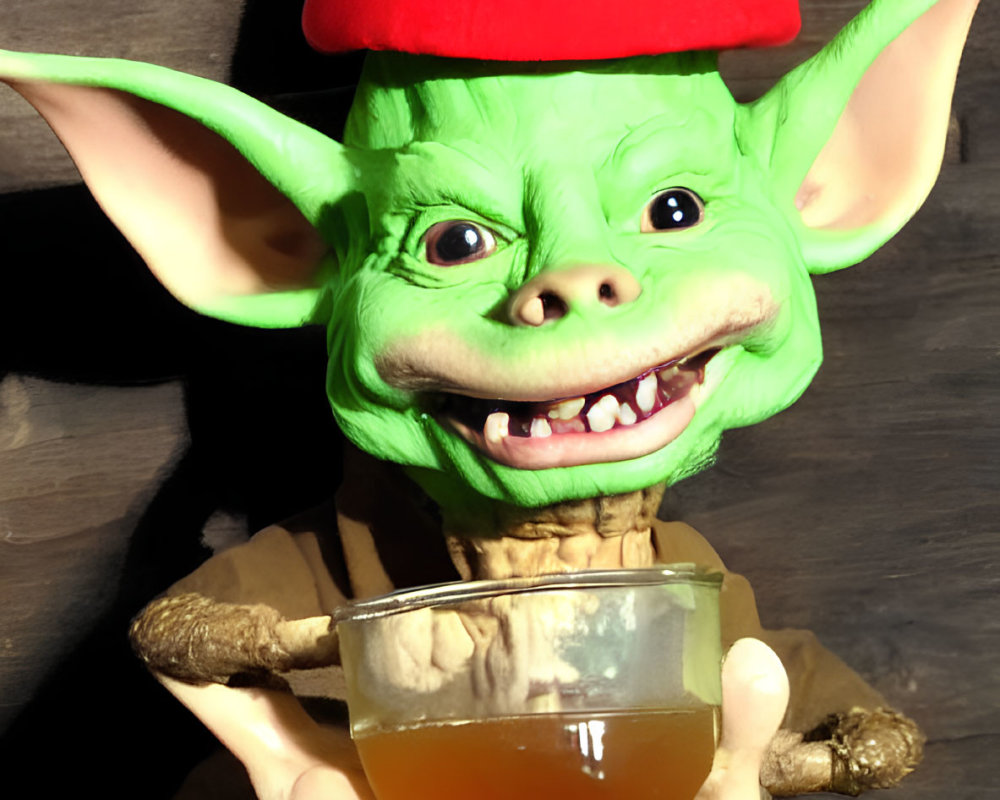 Green goblin with pointy ears and red hat holding a golden-brown drink