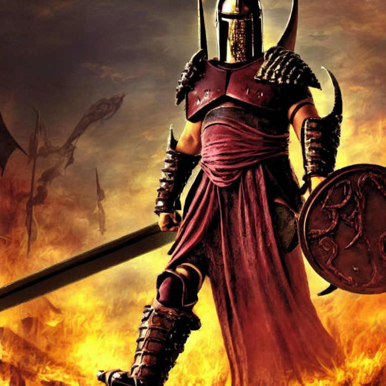 Ancient warrior in armor with sword and shield in fiery setting