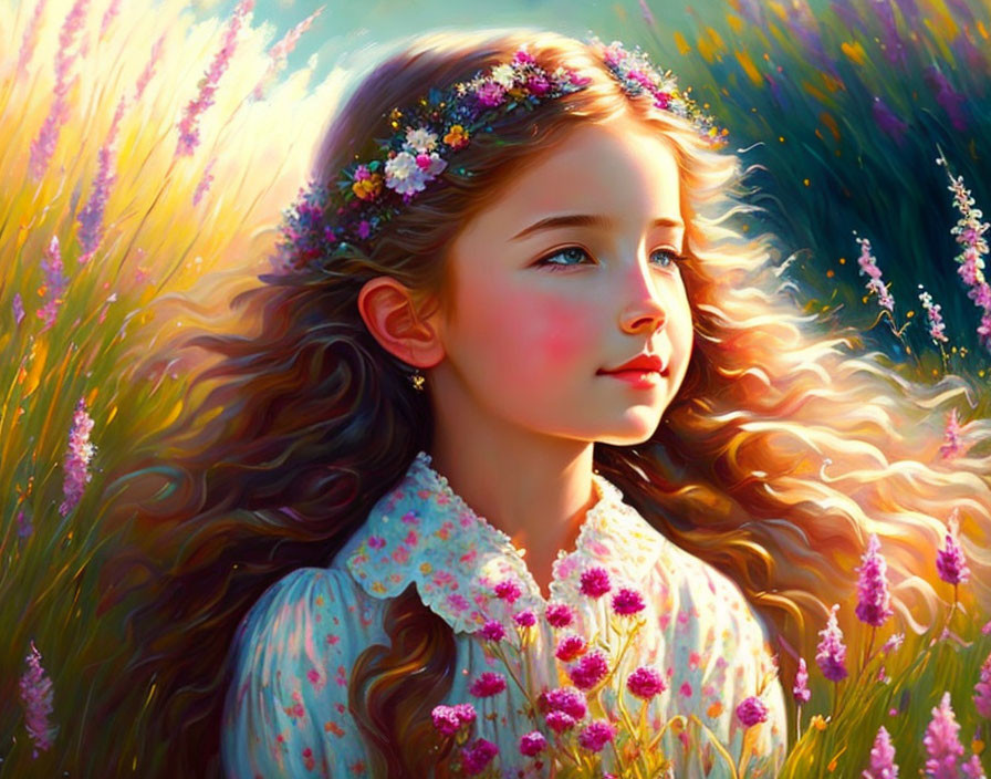 Young girl with floral crown in vibrant meadow scene