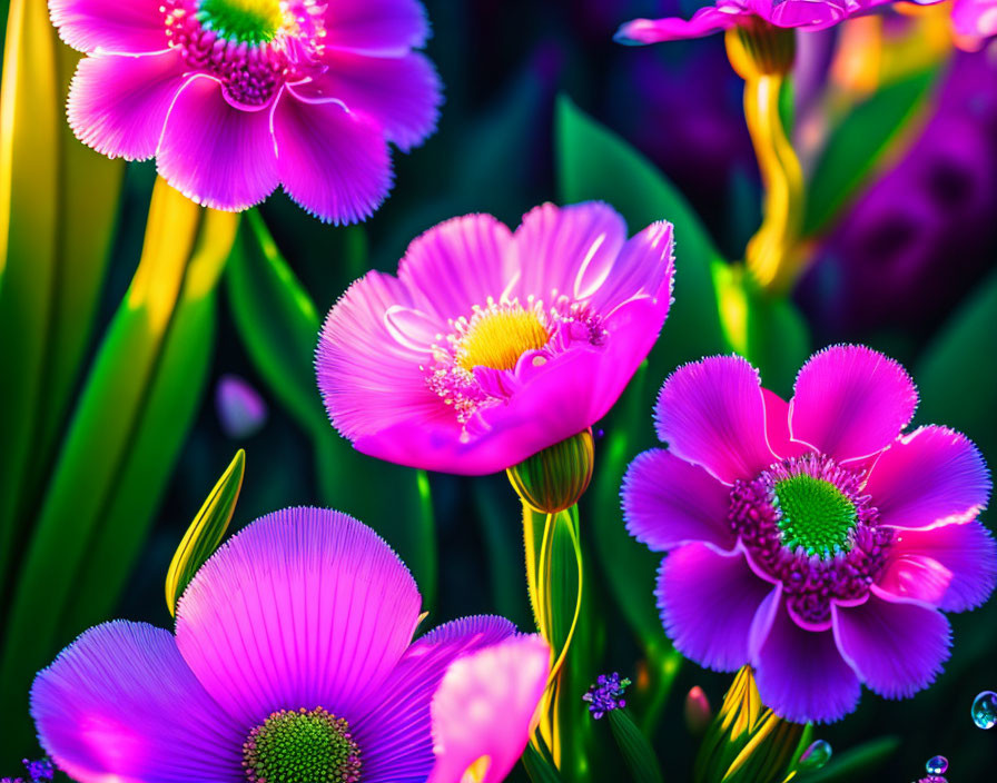 Magenta Flowers with Green Centers and White Filaments on Green Foliage