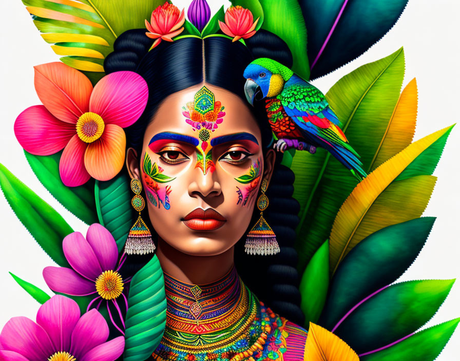 Colorful Woman with Floral Decorations and Parrot Shoulder