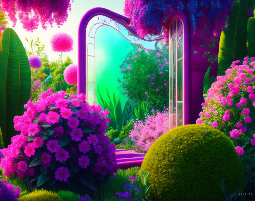 Colorful Fantasy Garden with Mirror Portal in Mystic Green Setting