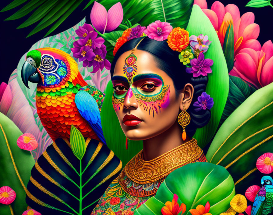 Vibrant tropical illustration of woman with floral makeup and parrot