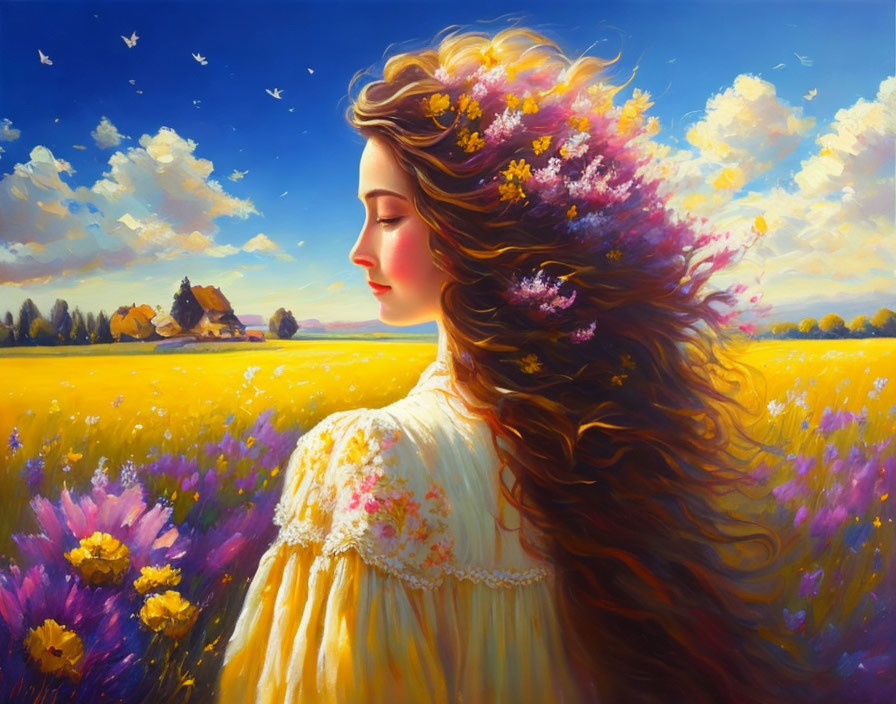 Woman with flower-adorned hair in vibrant field with cottage under sunny sky