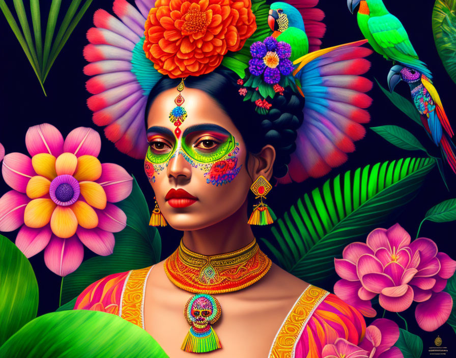 Colorful Floral and Bird Motif Portrait of Woman with Face Paint and Jewelry