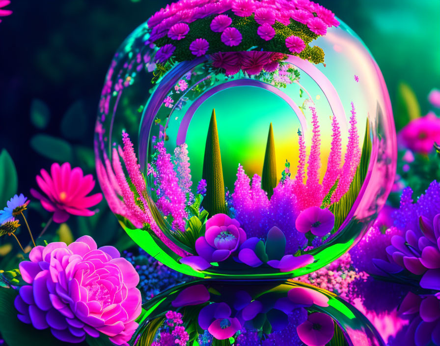 Colorful digital artwork: Glossy sphere reflects surreal landscape with fantasy flowers.