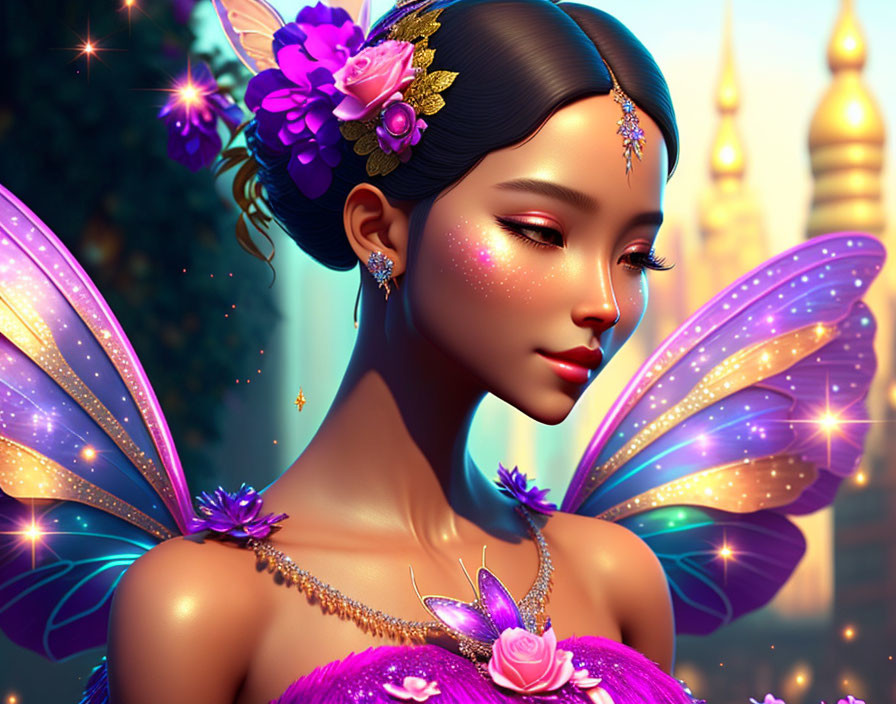 Digital art portrait of a fairy with radiant translucent wings and floral hair adornments.