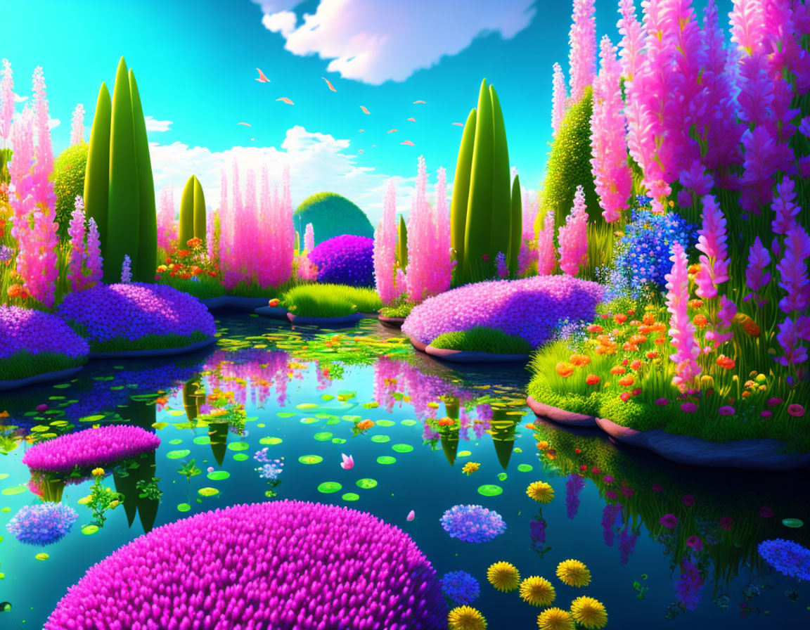 Colorful Fantastical Garden Illustration with Flowers and Floating Islands