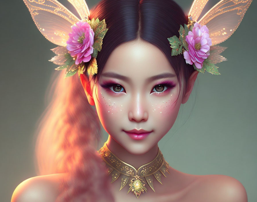 Fantasy female character portrait with floral hair, golden jewelry, glowing ears, and sparkling freckles