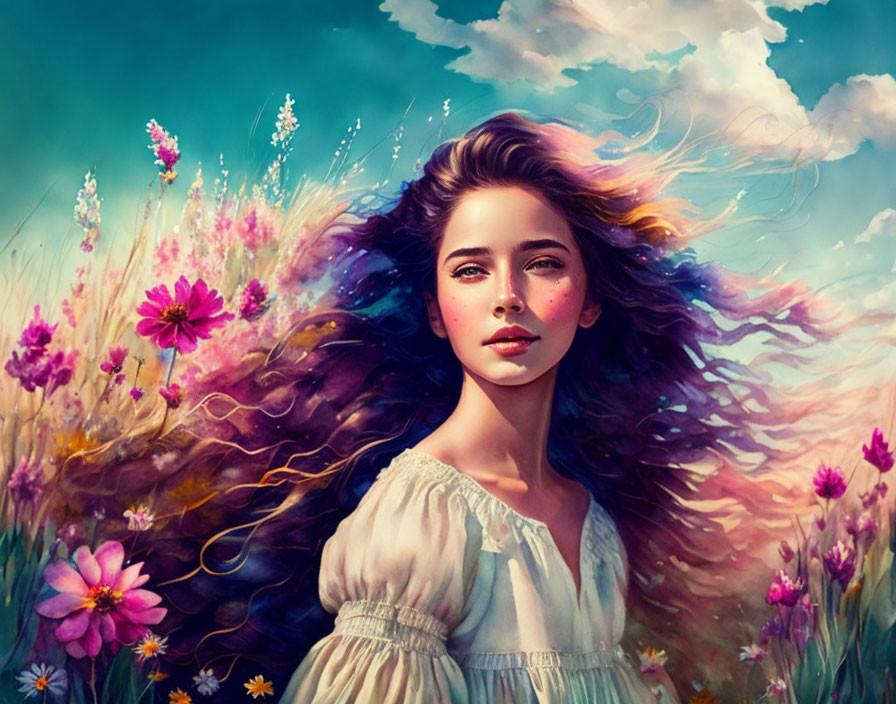 Vibrant digital painting of woman with flowing hair among colorful flowers