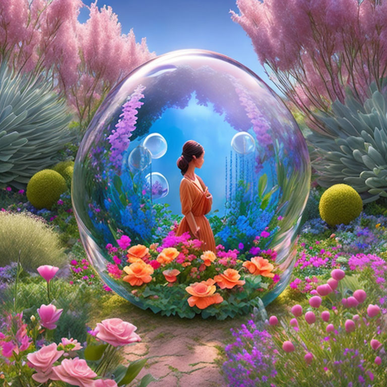 Woman in Orange Dress Surrounded by Flowers in Fantastical Garden