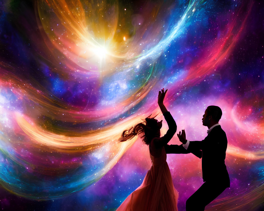 Passionate couple dancing in cosmic backdrop