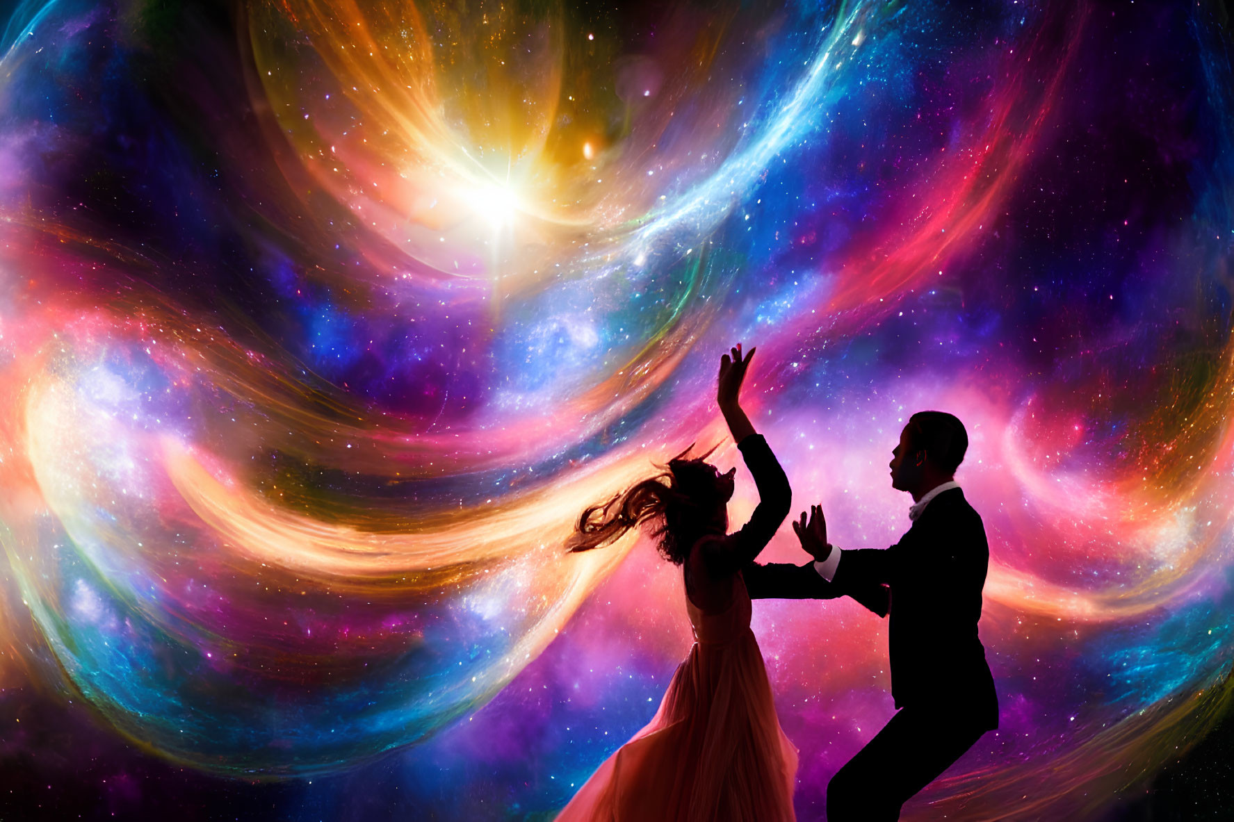 Passionate couple dancing in cosmic backdrop