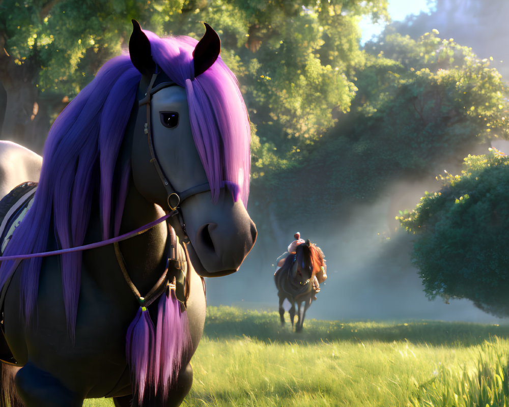 Purple-haired horse in sunlit forest with misty background horse