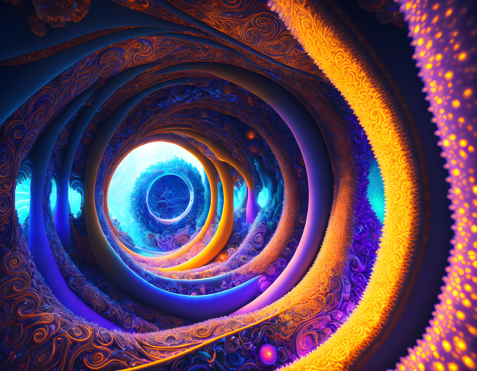 Colorful Digital Fractal Spiral with Blue and Orange Hues