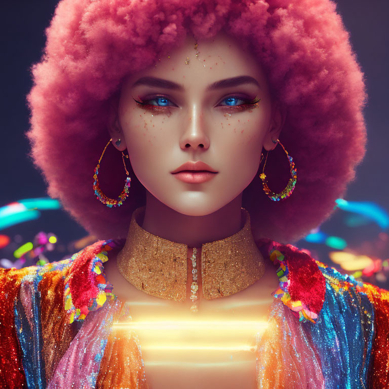 Vibrant digital portrait of woman with blue eyes, pink afro, golden earrings, and colorful