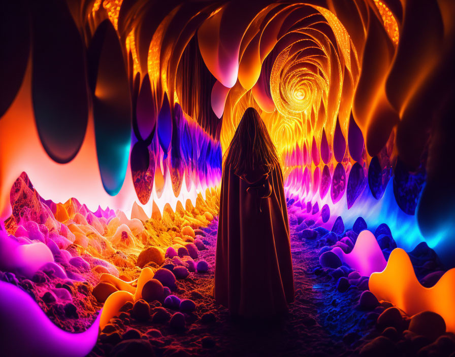 Cloaked figure in surreal, colorful tunnel with glowing crystals