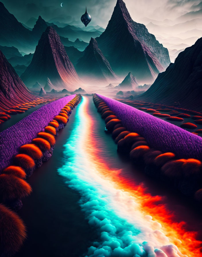 Vibrant surreal landscape with river, mountains, and floating structure