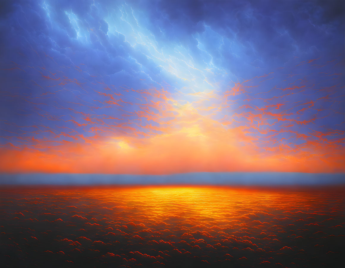 Radiant orange and deep blue sunset over undulating clouds