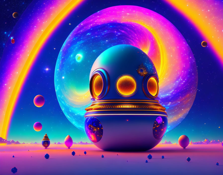 Surreal landscape with ornate sphere in cosmic skies