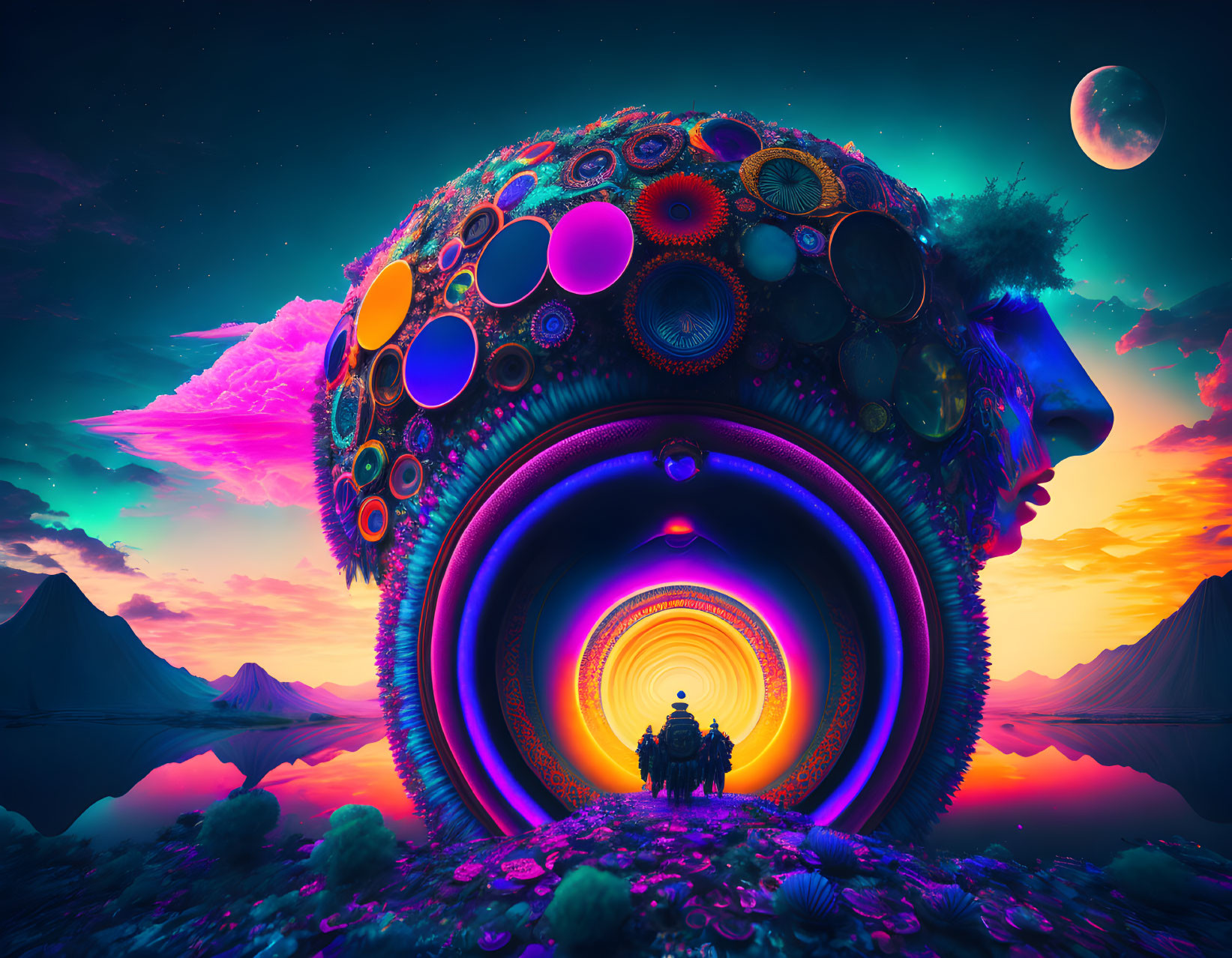 Vibrant surreal scene: figures in psychedelic tunnel under purple sky