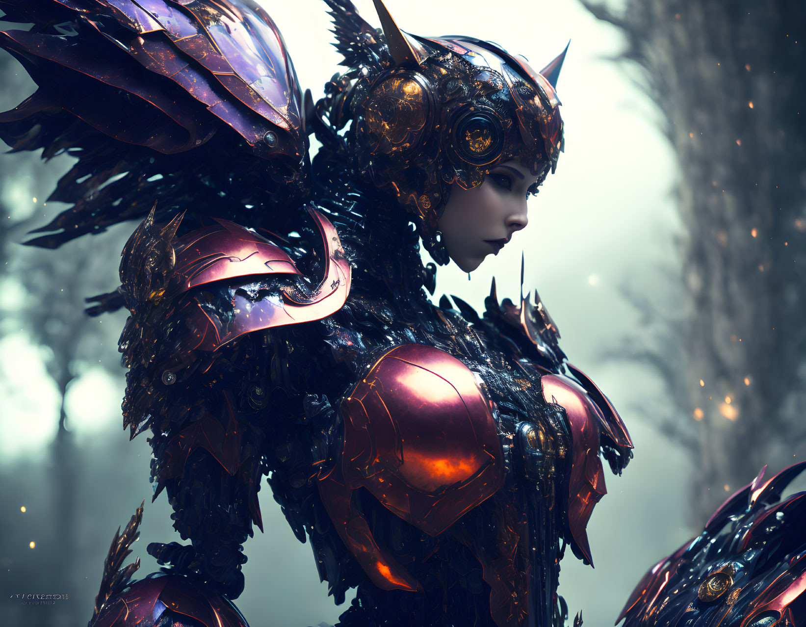 Elaborate fantasy armor with metallic feathers in misty forest