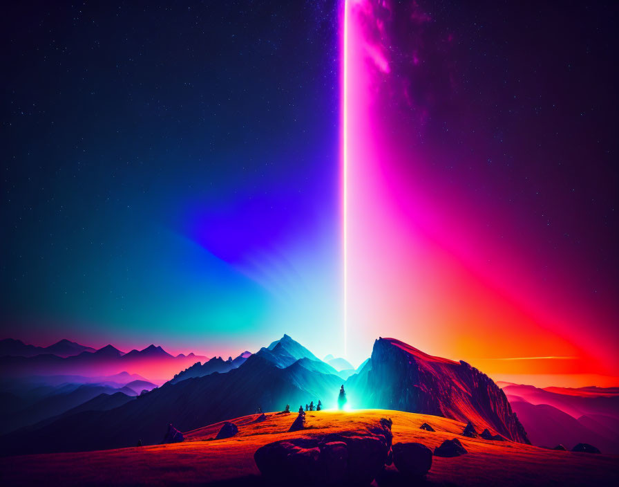 Surreal neon-lit landscape under vibrant night sky