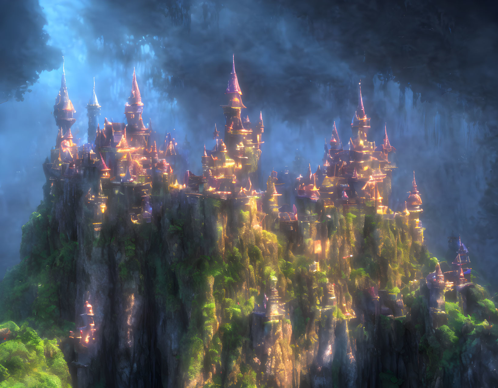 Mystical city with illuminated spires on verdant cliff