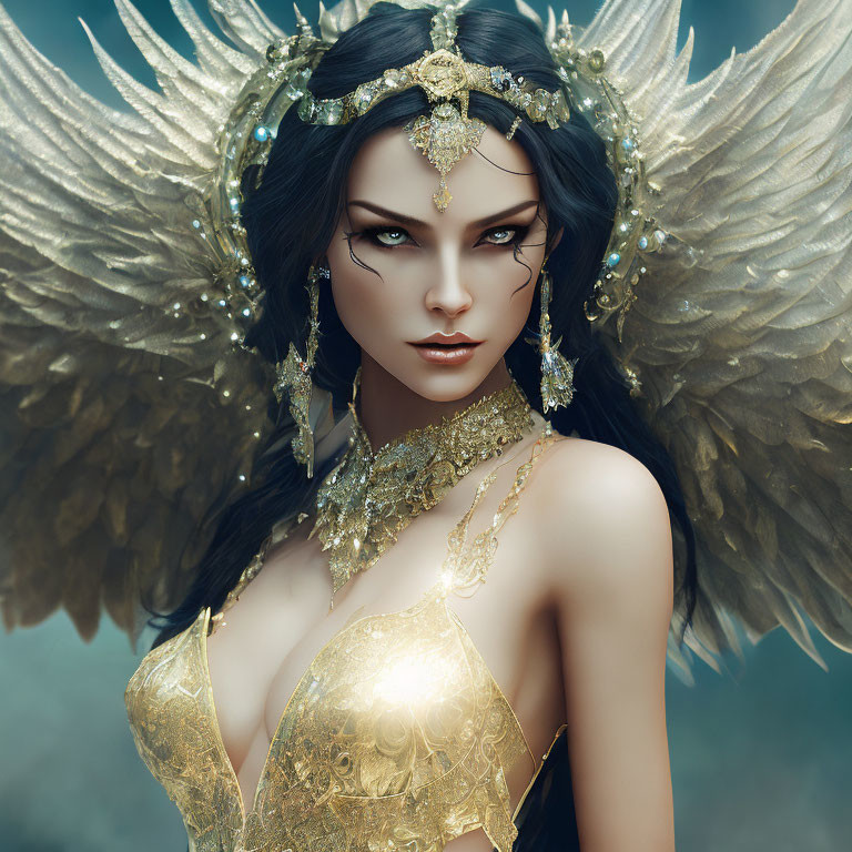 Fantasy portrait: Woman with golden wings, ornate jewelry, and mystical ambiance