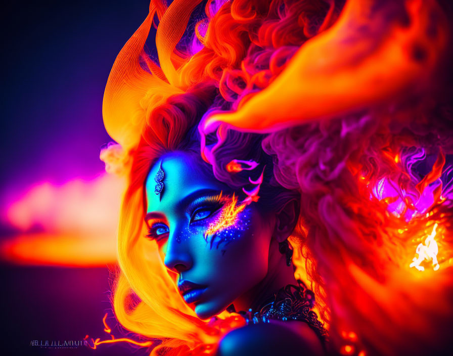 Colorful portrait of a person with blue skin and fiery orange hair on dark background