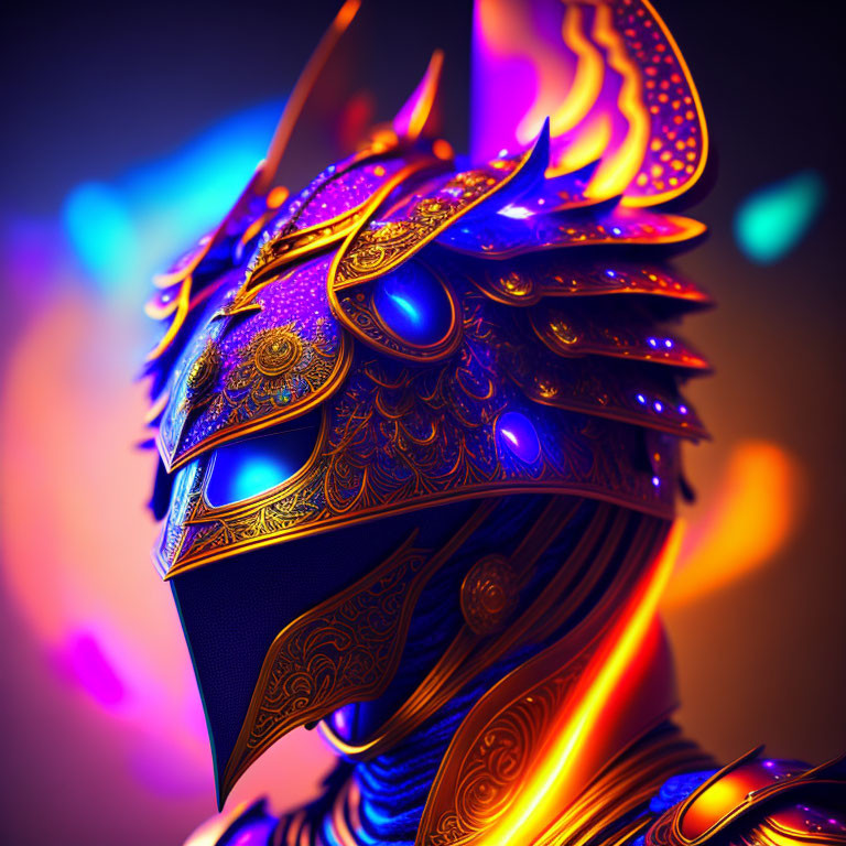 Vibrant ornate helmet with glowing patterns and gold detailing