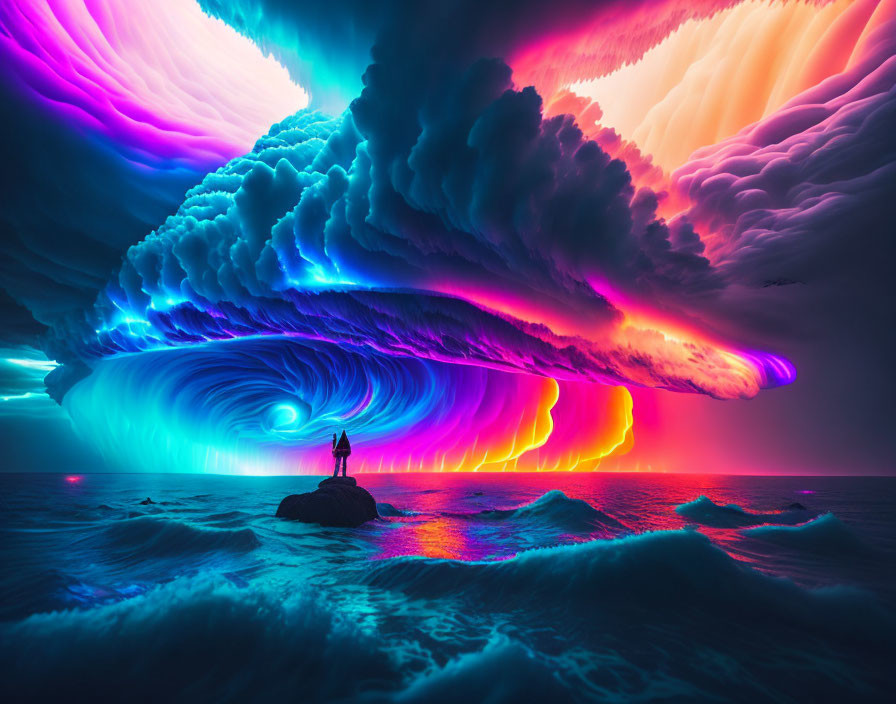 Person on rock gazes at vibrant multicolored cloud formation