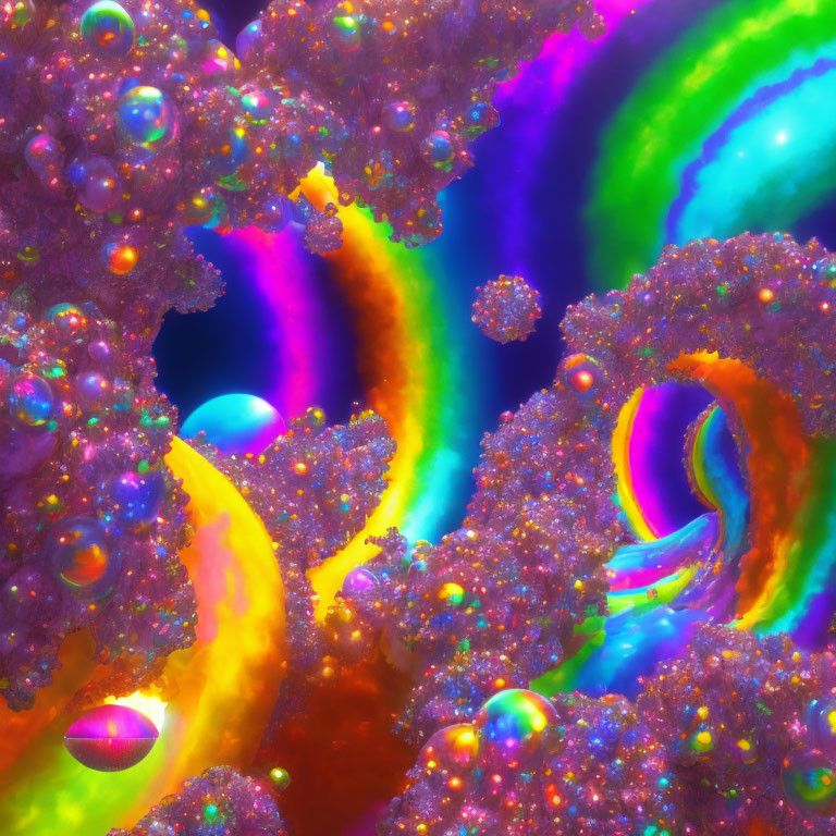 Colorful Fractal Art with Swirling Patterns and Glowing Orbs