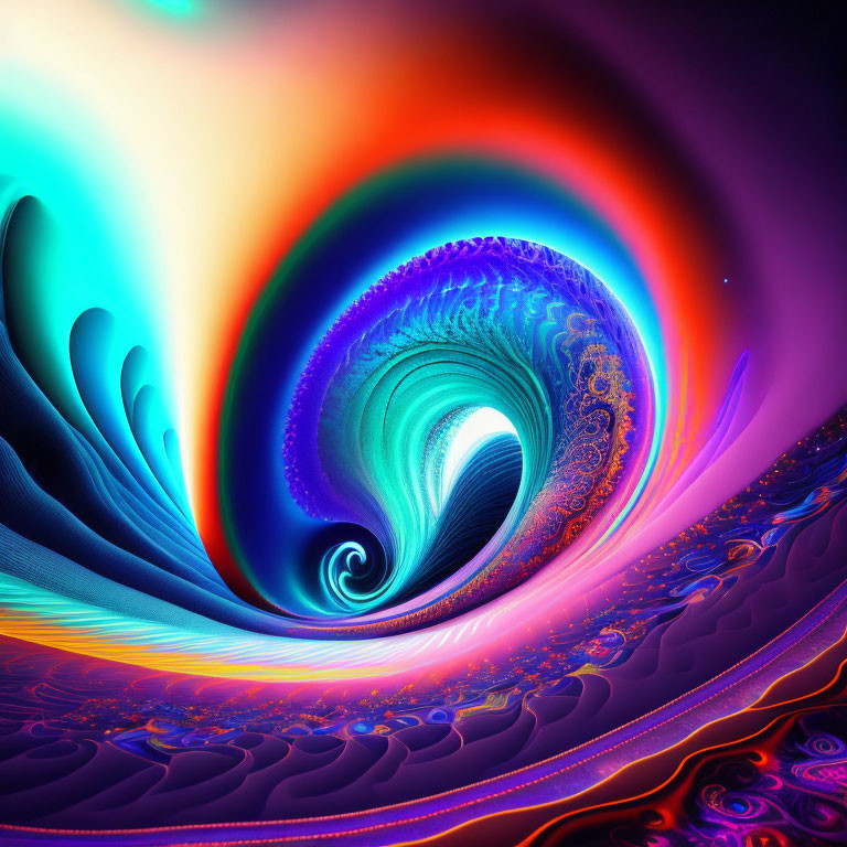 Colorful swirling fractal image with yellow to purple spectrum spiral.