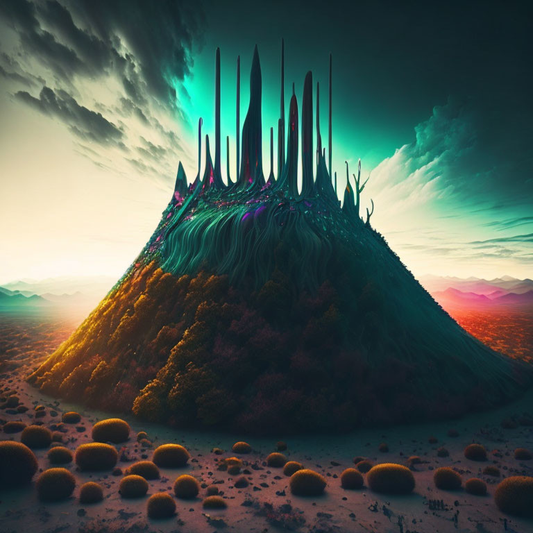 Vibrant alien-like hill with green spires in surreal landscape