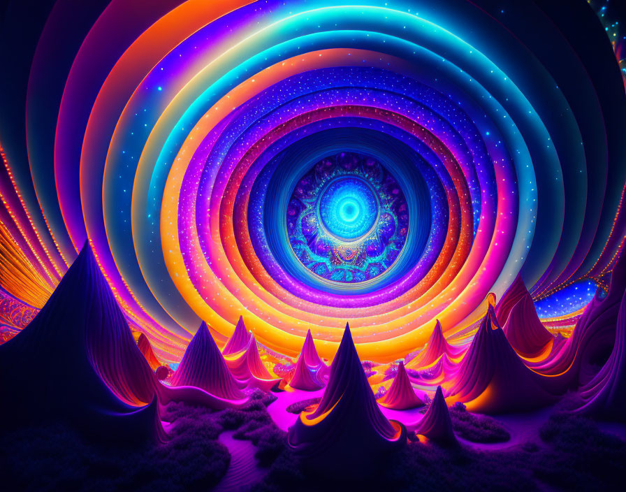 Colorful Psychedelic Tunnel Artwork with Mountains and Starry Sky