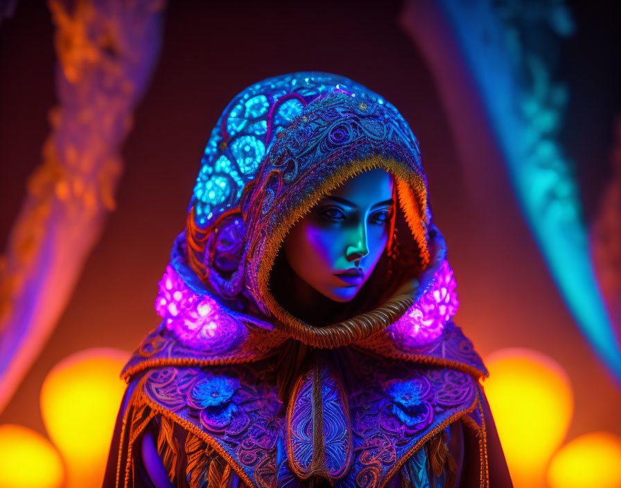 Detailed embroidered hood in vibrant blue and purple lighting against warm background