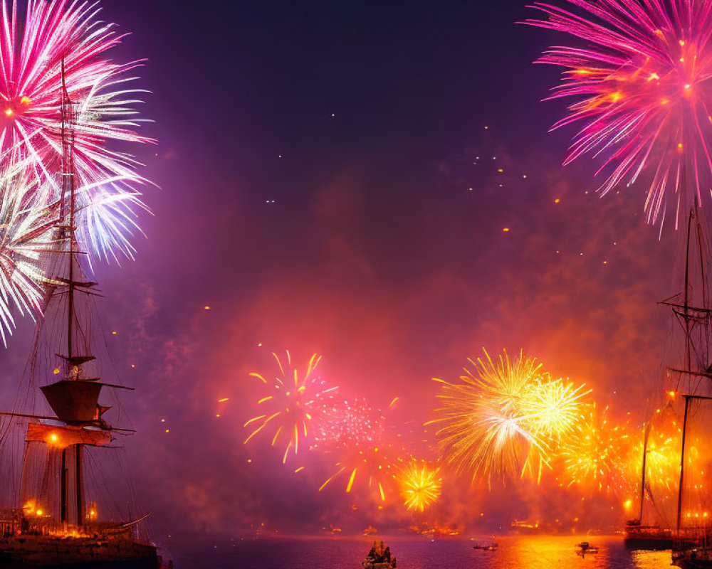 Colorful fireworks light up harbor with ships silhouettes in smoky night scene