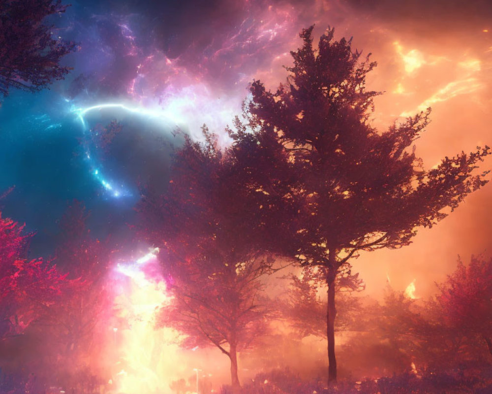 Surreal forest scene with cosmic sky and vibrant nebulas