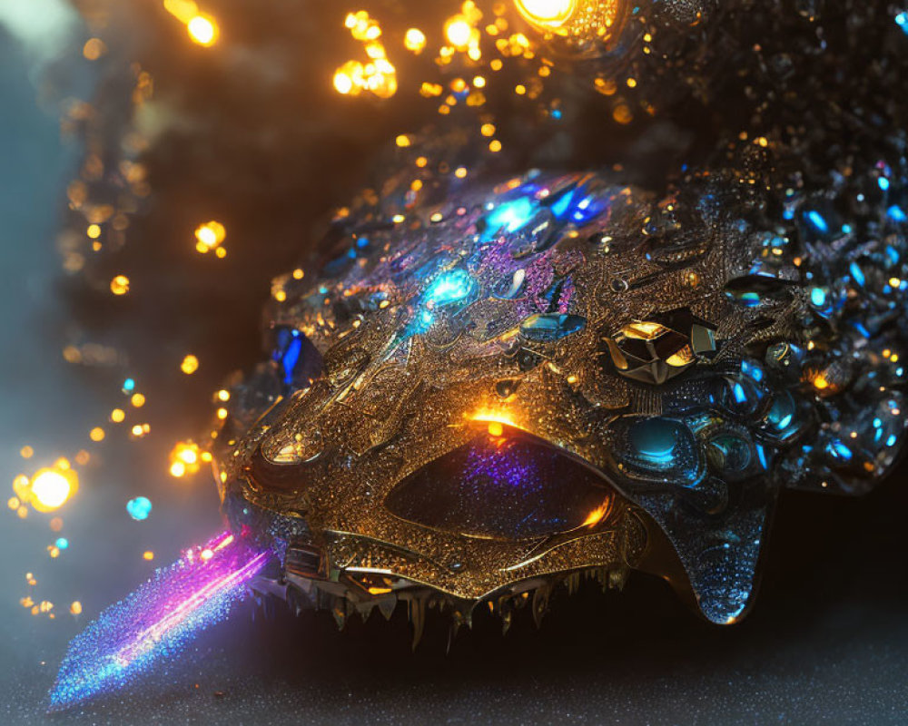 Glittering dragon head with glowing blue eyes and vibrant purple beam in golden bokeh lights.