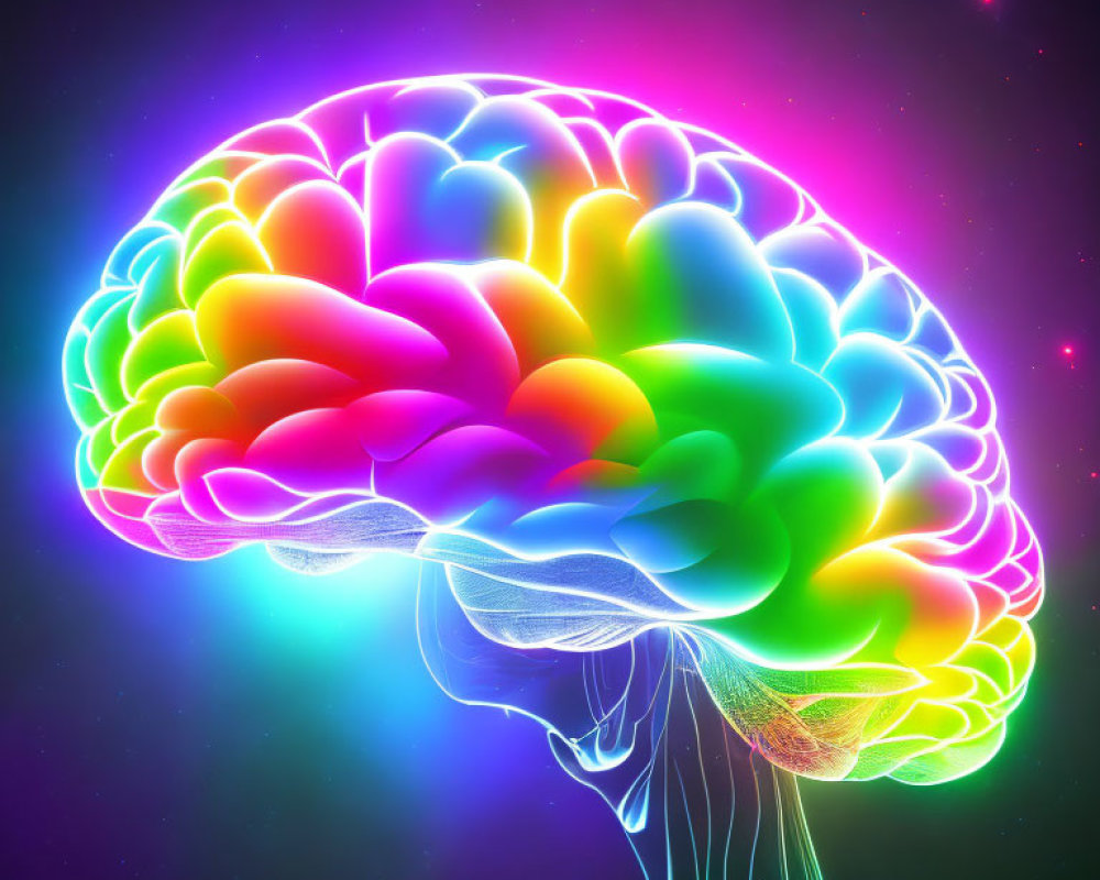 Colorful Human Brain Illustration with Neon Rainbow Hues on Cosmic Background