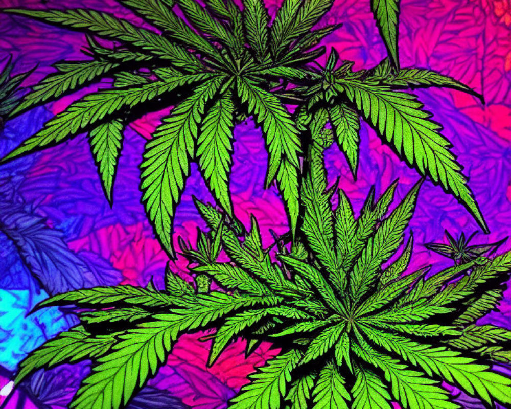 Vibrant tie-dye background with cannabis plant leaves.