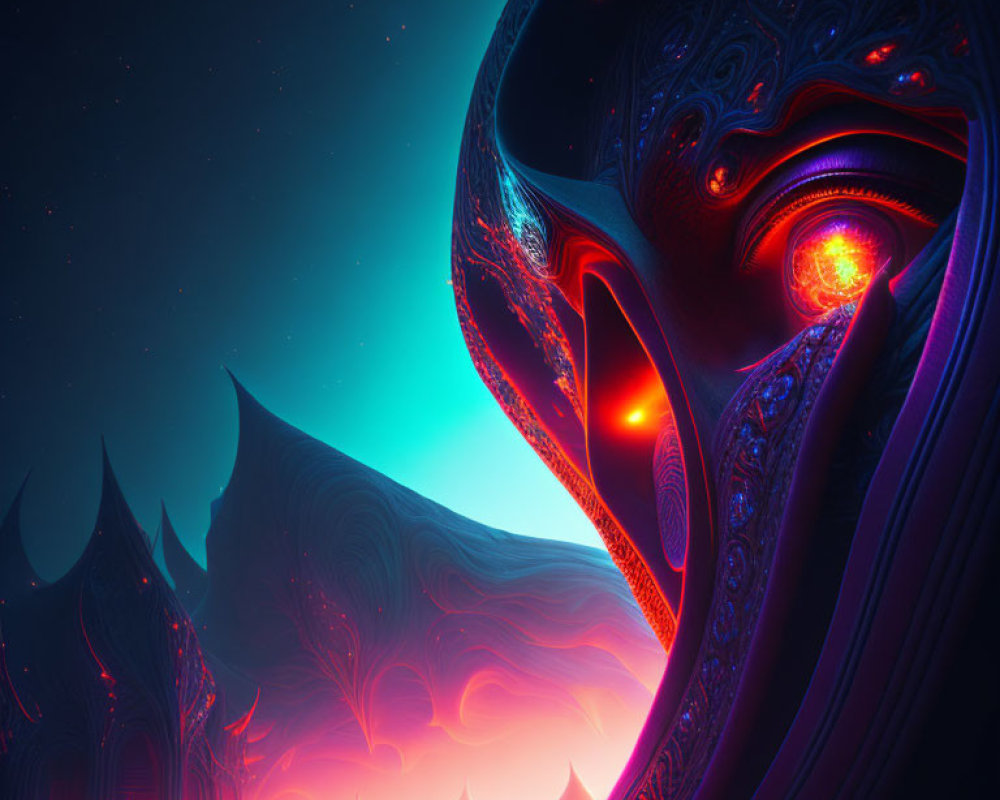 Intricate patterns and glowing orbs in digital art piece