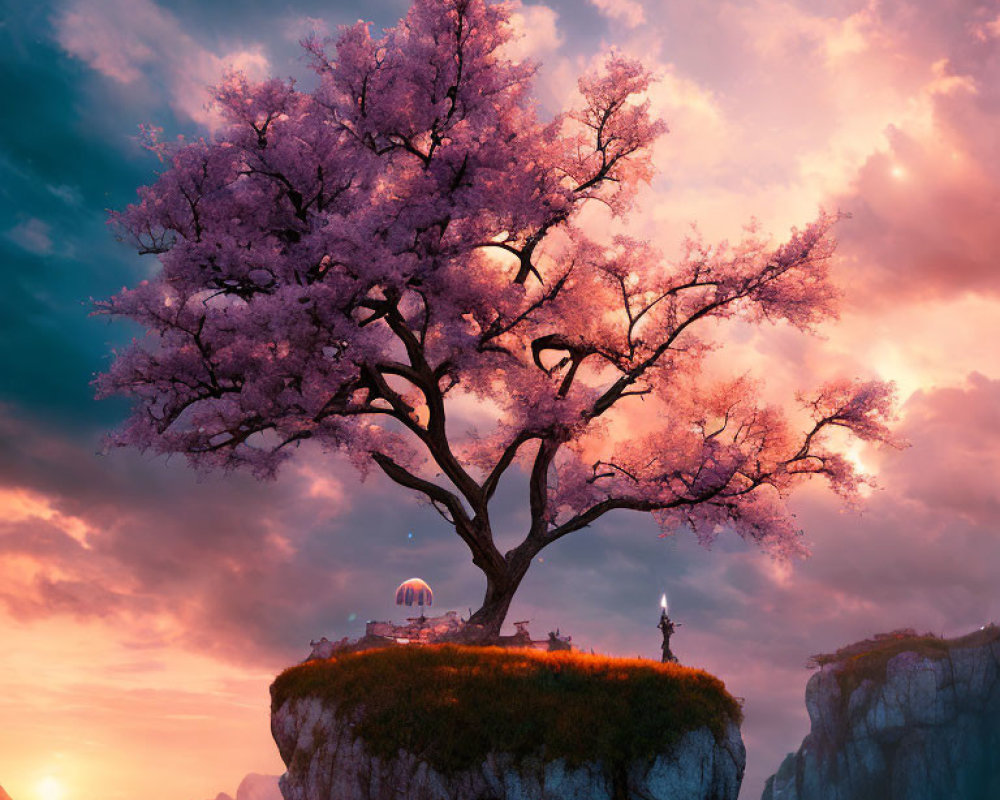 Cherry Blossom Tree on Floating Island at Sunset