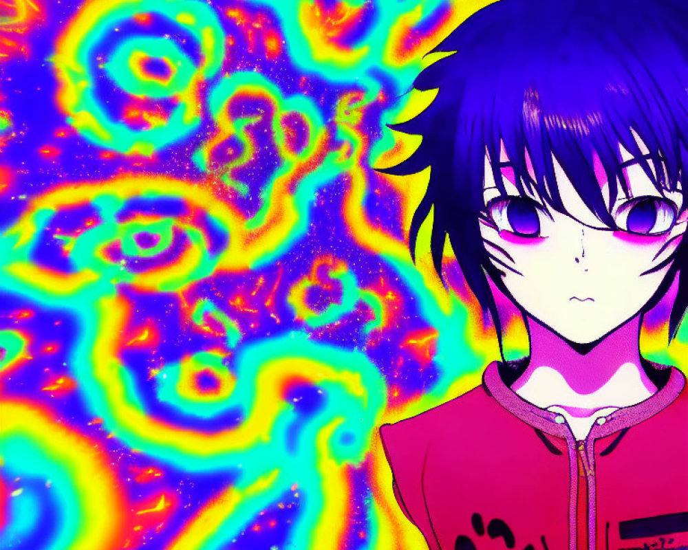 Anime character with black hair and purple eyes on vibrant neon background