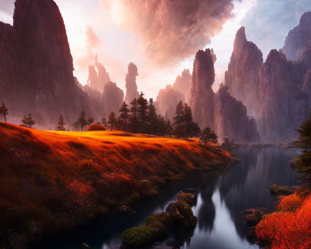 Tranquil river, orange fields, rocky peaks, trees, sunset sky