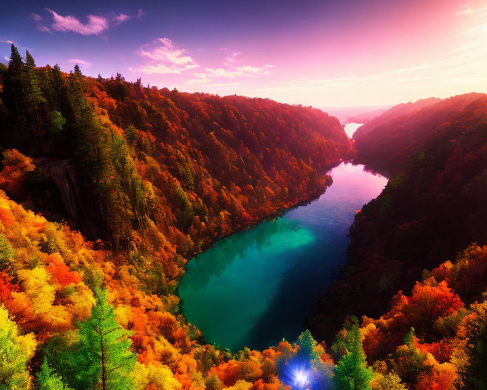 Scenic autumn landscape with river, forest cliffs, and colorful sky