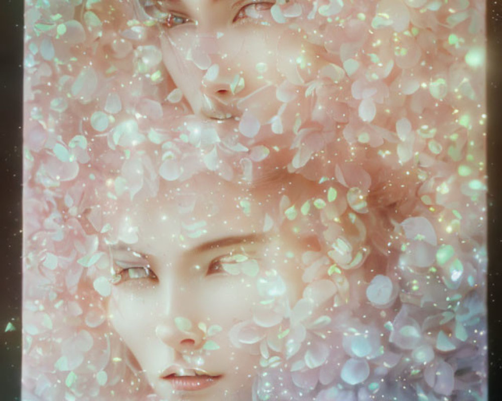 Ethereal digital painting of faces with luminous flowers