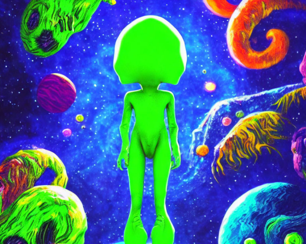 Vibrant neon green alien in colorful psychedelic cosmos