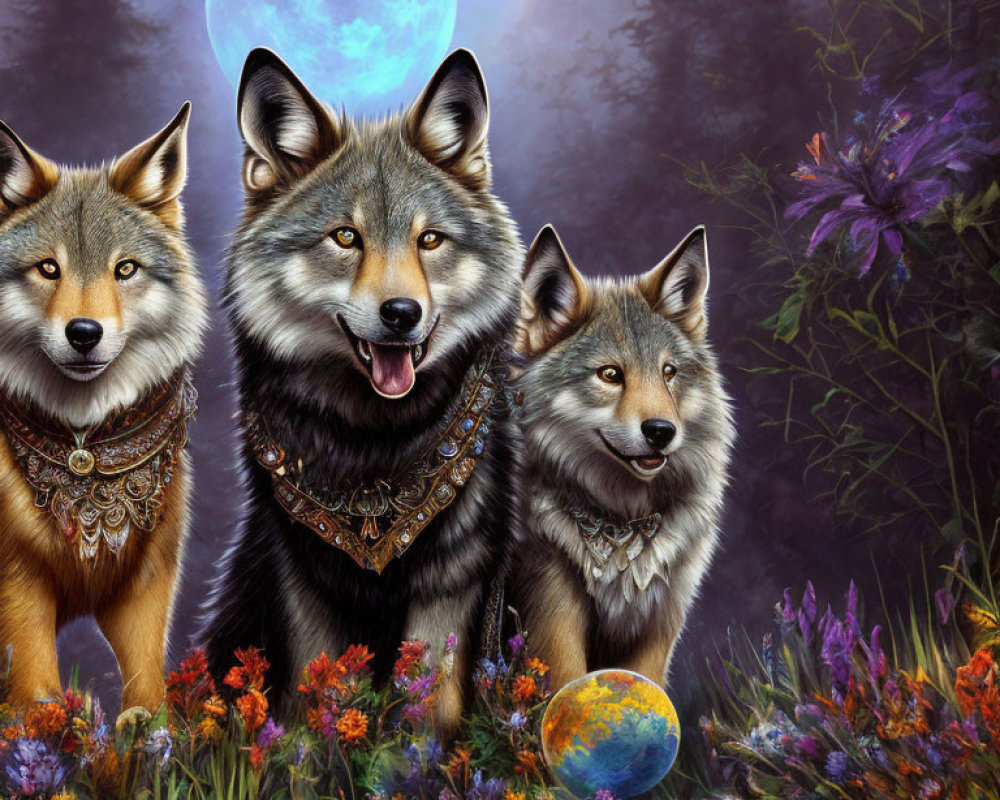 Three wolves with tribal necklaces in mystical forest with purple flowers, full moon, and ethereal globe